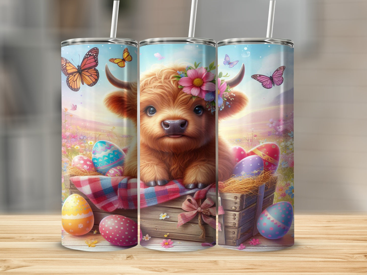 Highland cow with Easter eggs in a basket, butterflies, floral crown.