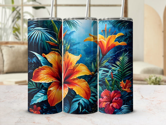 Three tumblers with vibrant tropical flowers and lush green foliage.