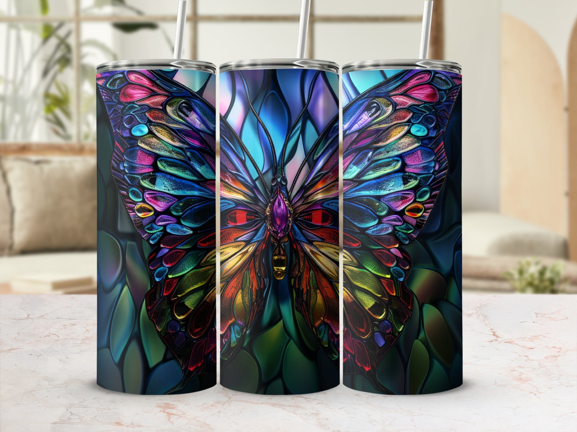 Three tumblers featuring a stained-glass butterfly design.