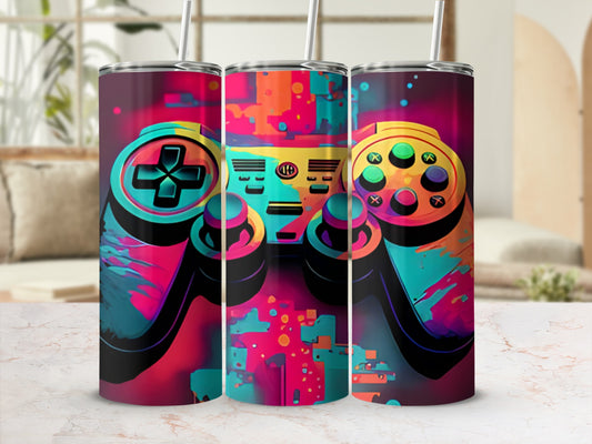 Colorful video game controller design on a tumbler.
