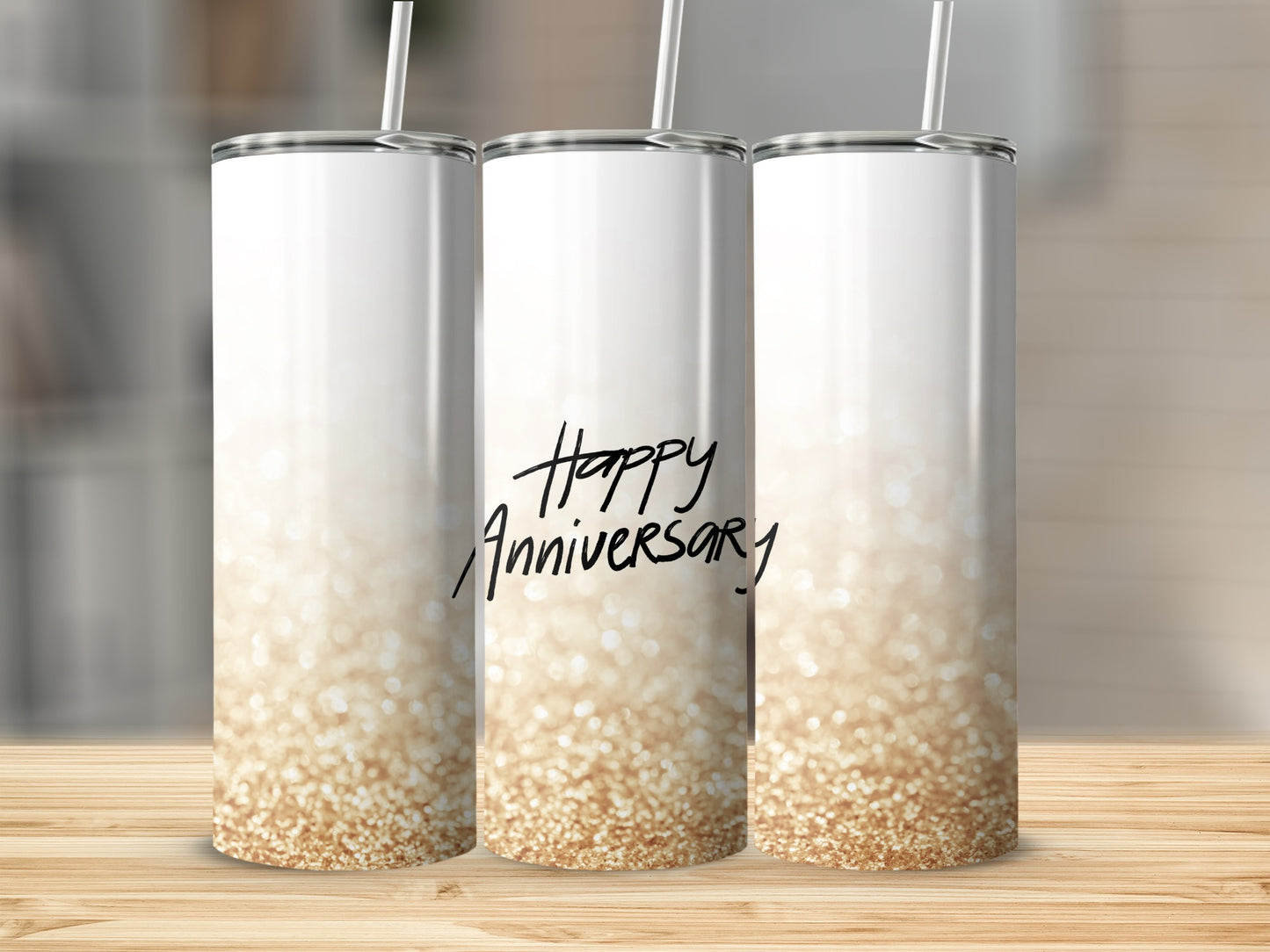 Three tumblers with a glittery bottom and "Happy Anniversary" text.