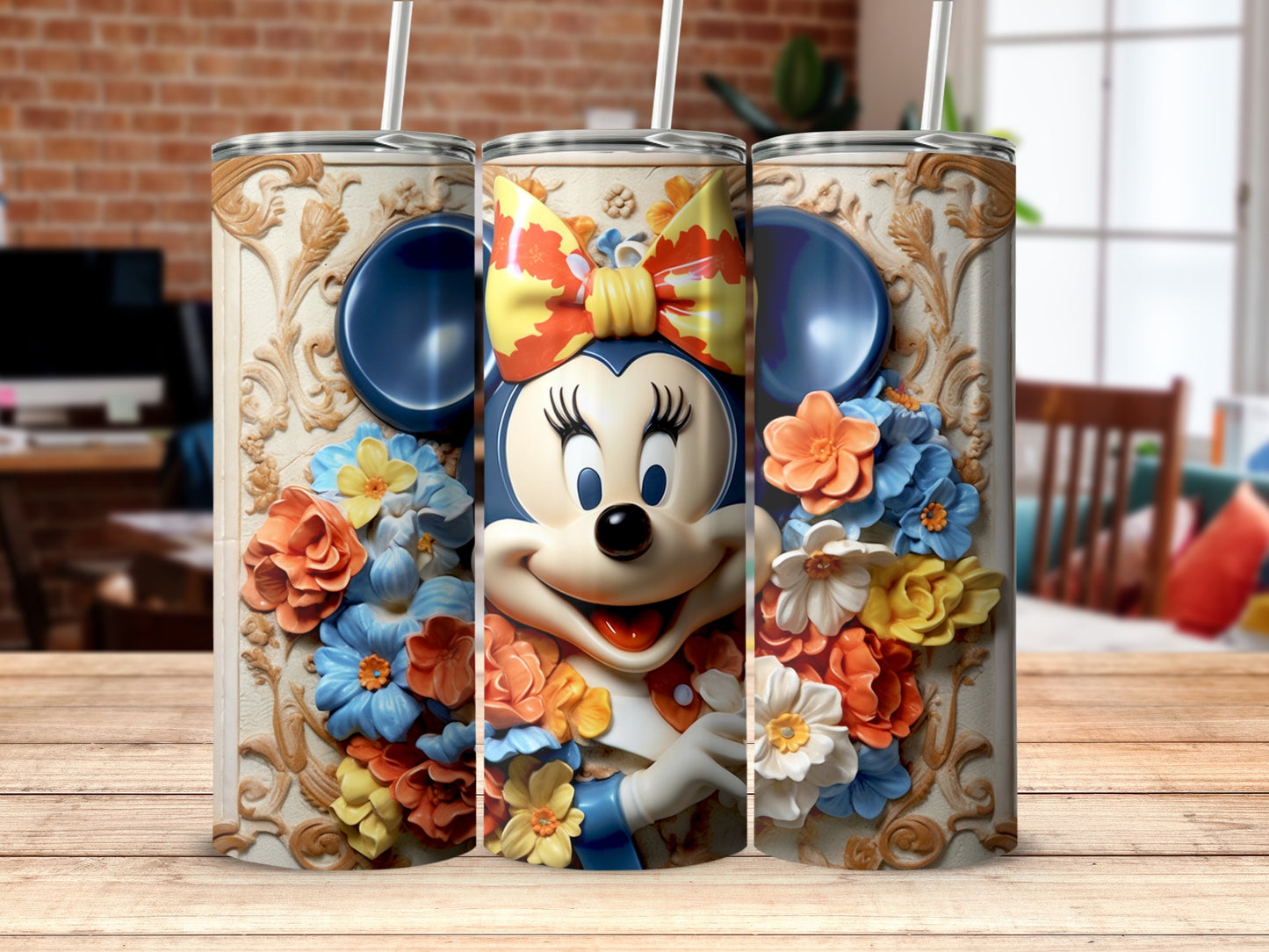 Floral Decorated Tumbler with Cartoon Character Design