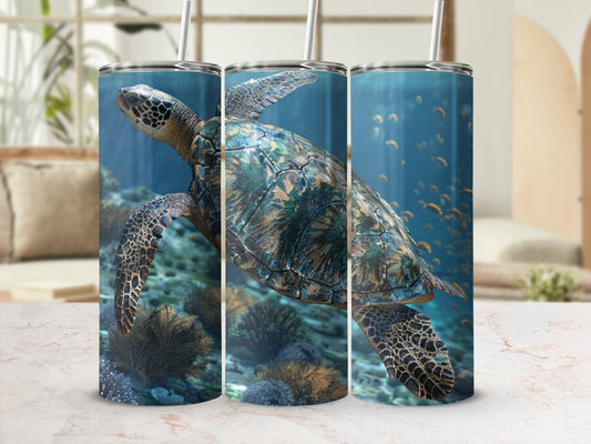 Sea turtle swimming underwater with coral reefs and small fish.