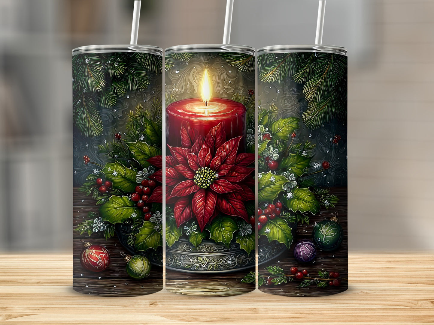 Festive Red Candle with Poinsettia Christmas Tumbler