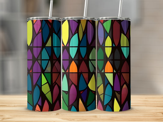 Three tumblers with stained glass-inspired geometric patterns in vibrant colors.