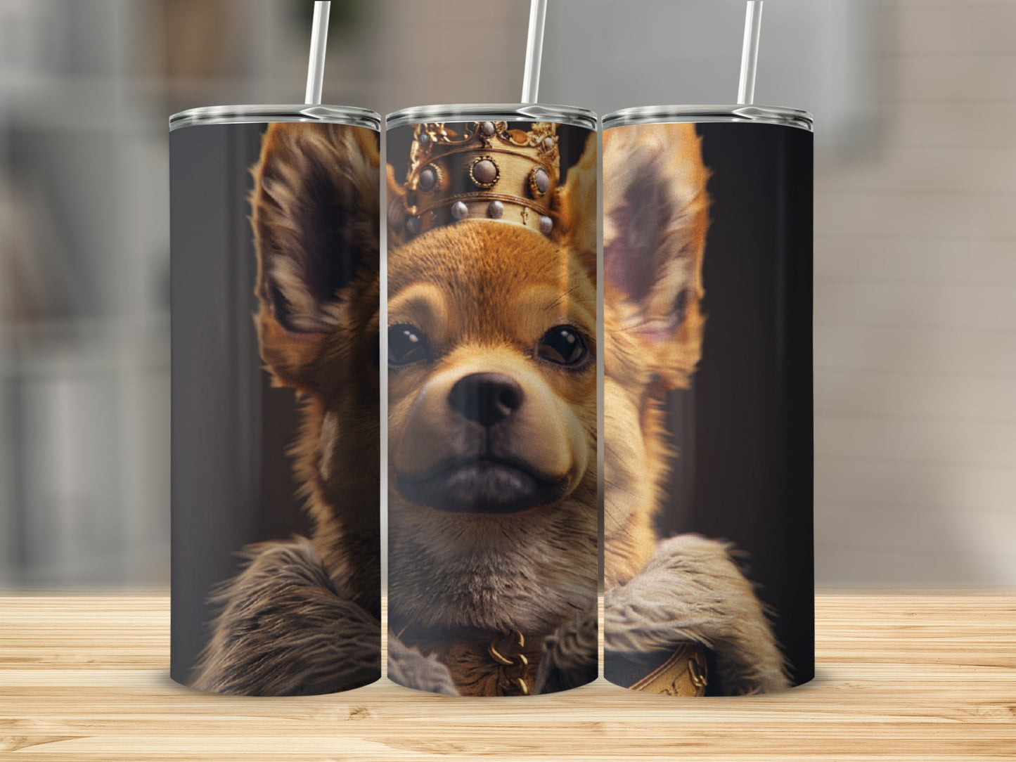 Chihuahua wearing a crown and fur cloak.