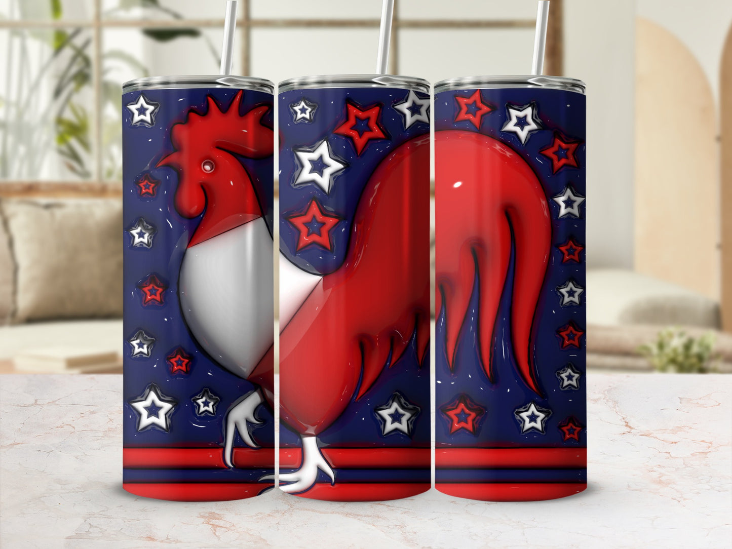 Red and white rooster on navy background with stars and stripes.