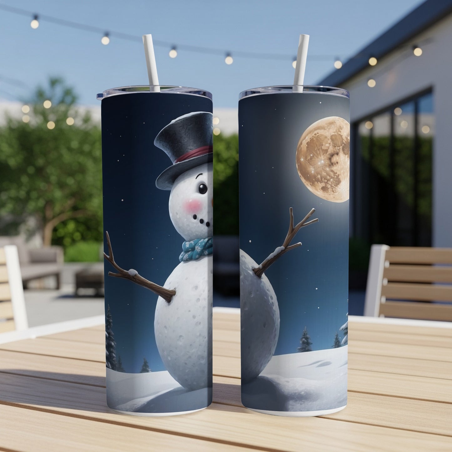 Snowman with top hat and scarf under a full moon.