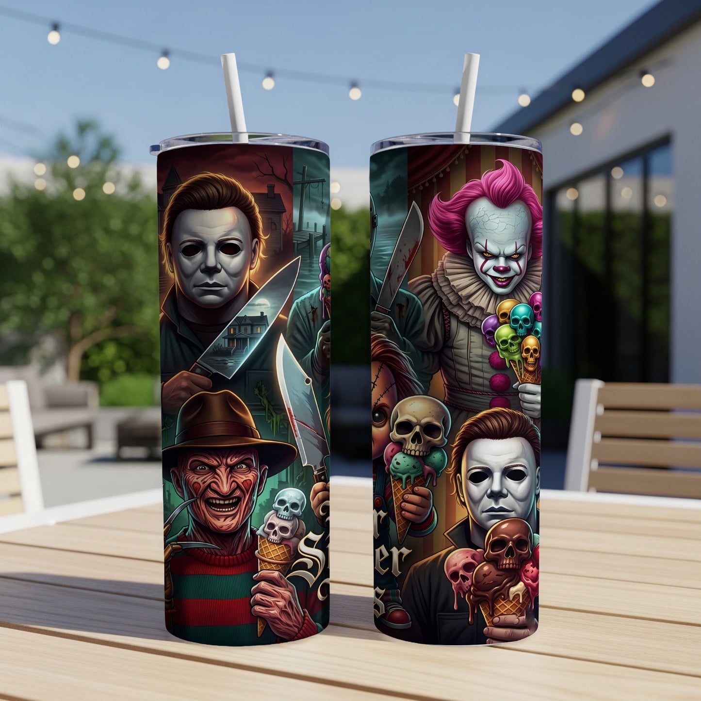 Horror movie characters Michael Myers, Freddy Krueger, and Pennywise featured on tumblers.