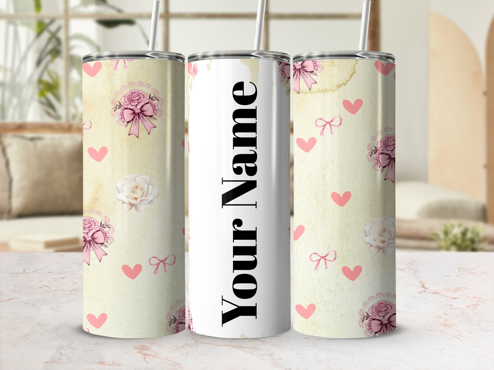 Personalized Floral and Hearts Tumbler with Straw
