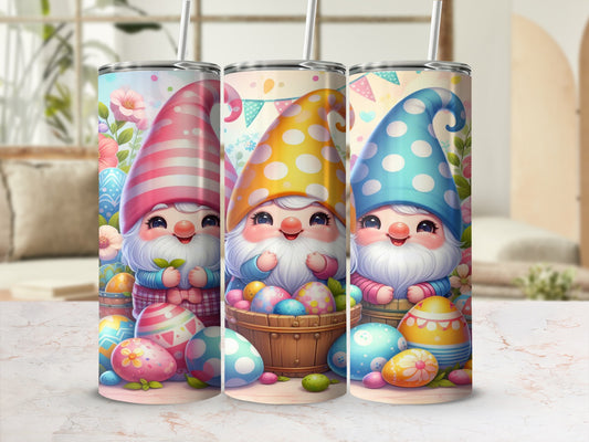 Three smiling gnomes in colorful hats and outfits holding Easter eggs and baskets.