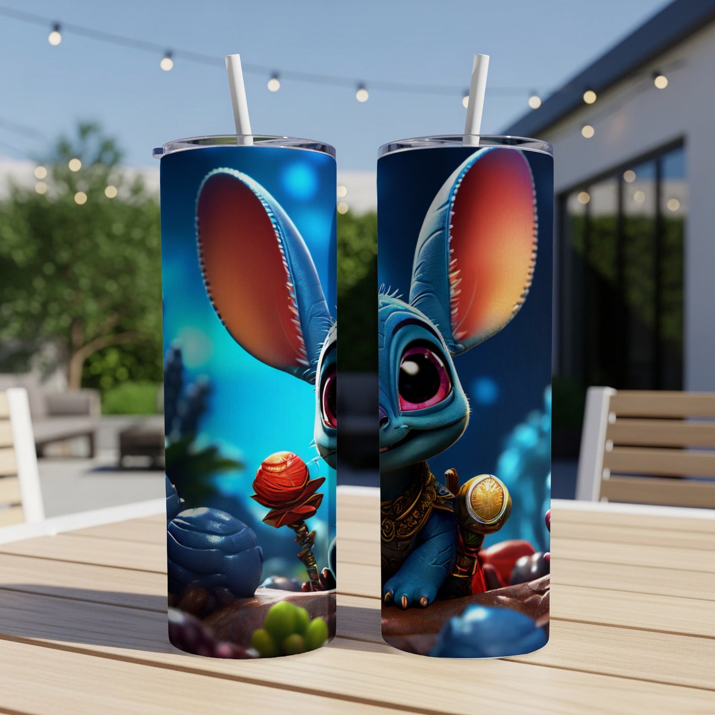 Blue cartoon creature with large ears on a colorful tumbler.