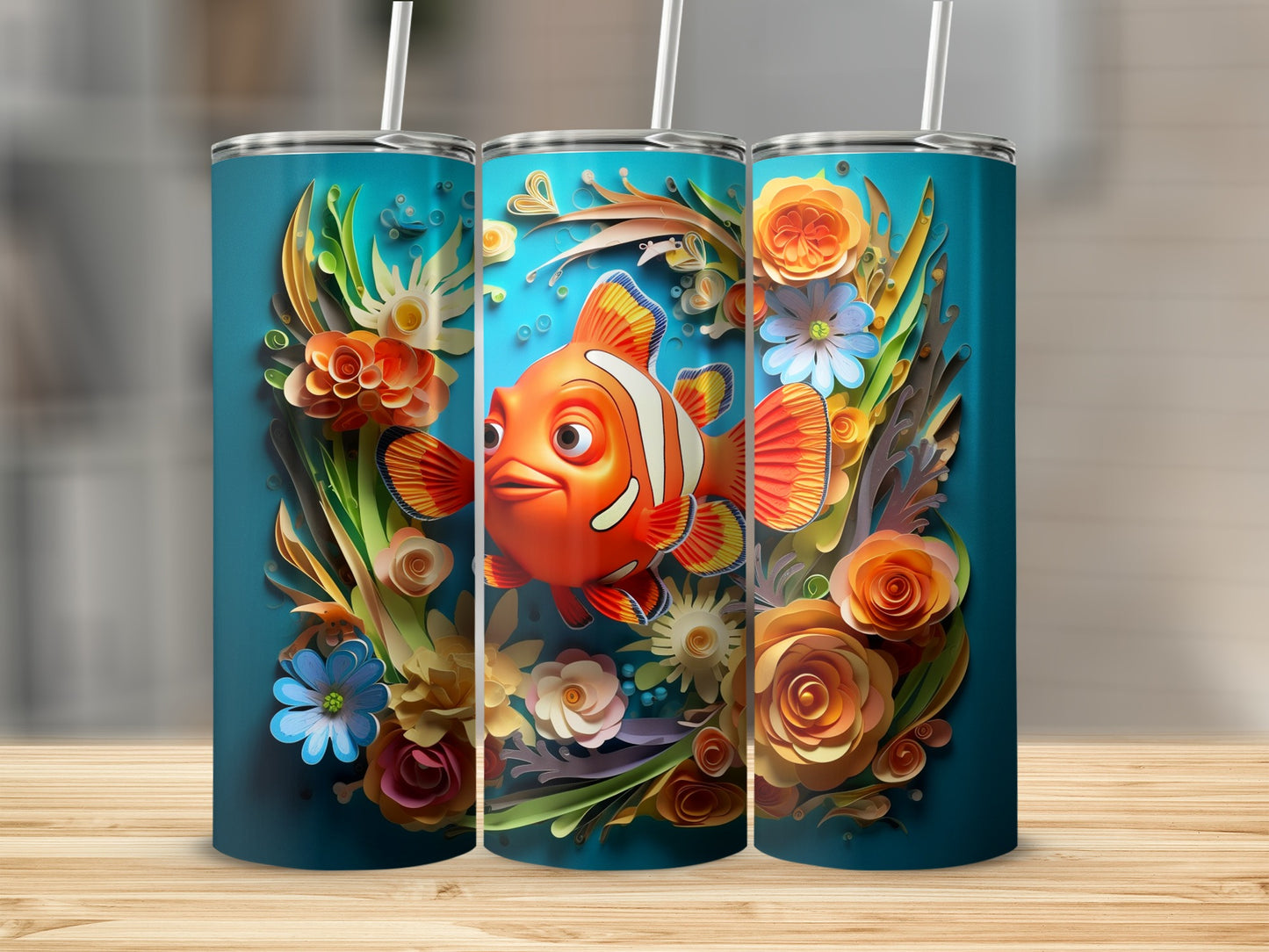 Bright Floral and Fish Art Insulated Tumbler