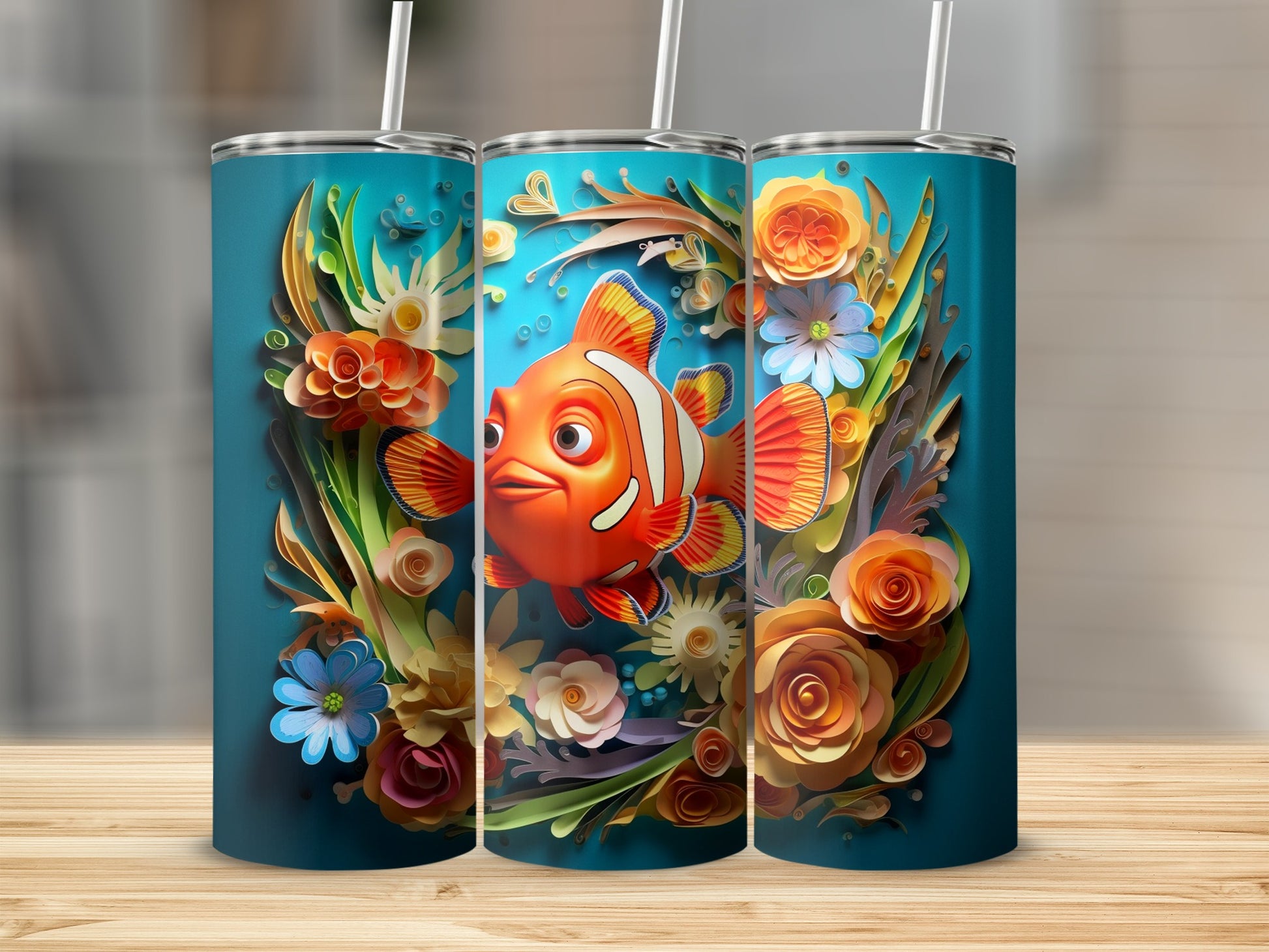 Bright Floral and Fish Art Insulated Tumbler