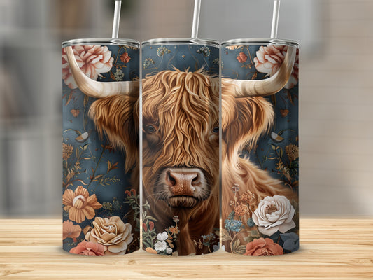 Highland cow with flowers on a blue floral background, presented on three tumblers.