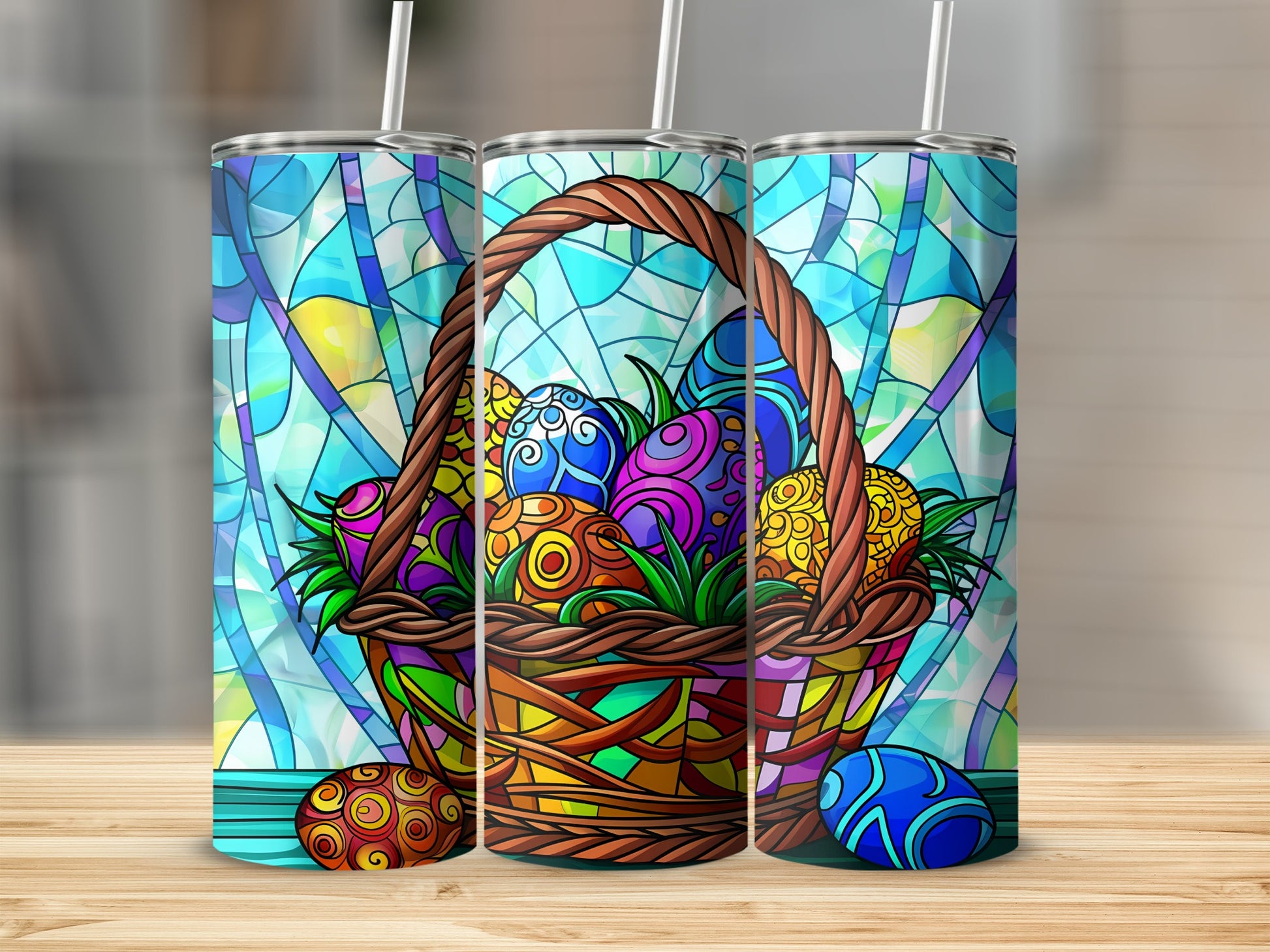 Easter basket with colorful, stained-glass-style eggs on a wooden surface.