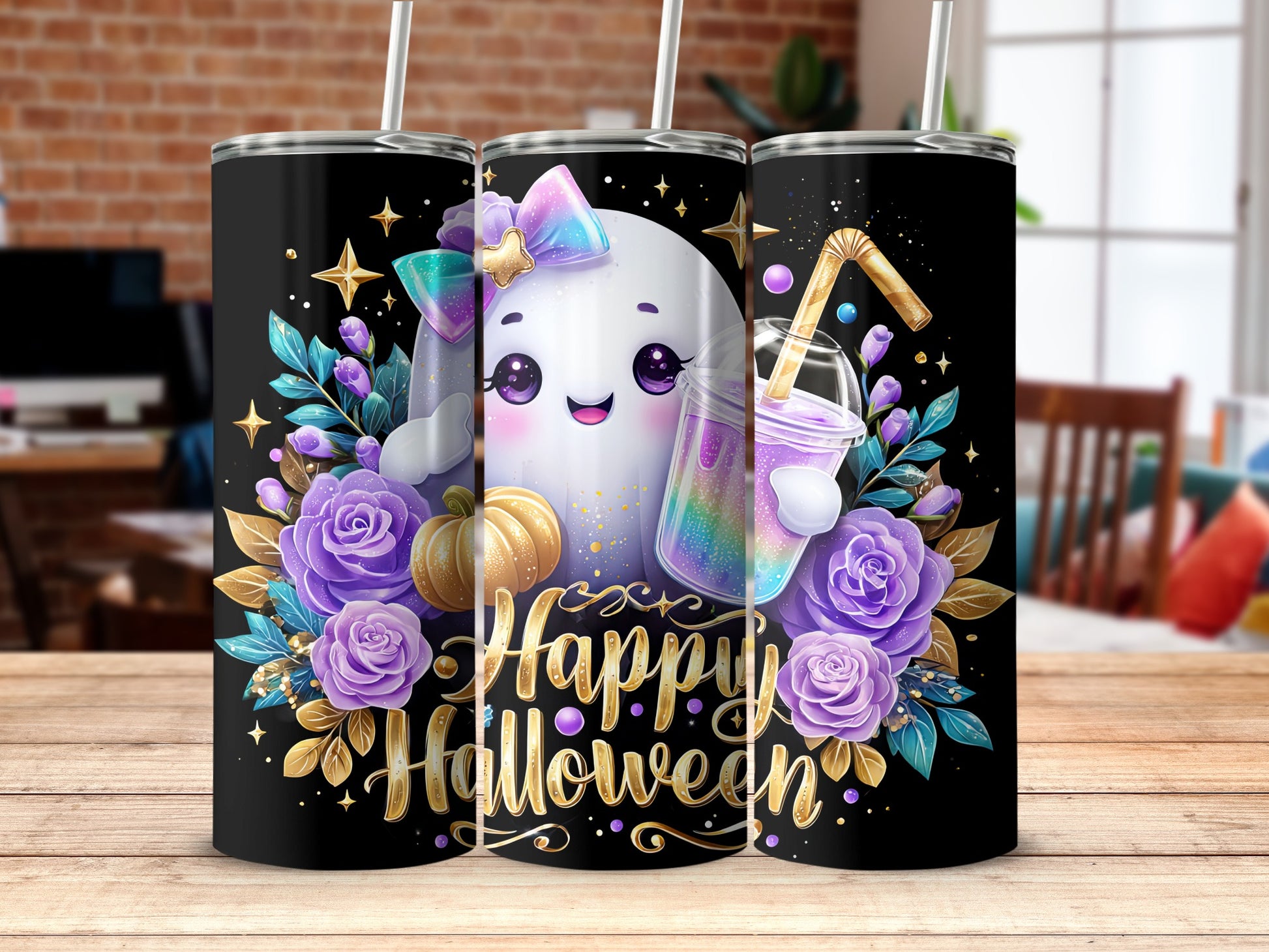 Cute Ghost Halloween Tumblers with Colorful Flowers
