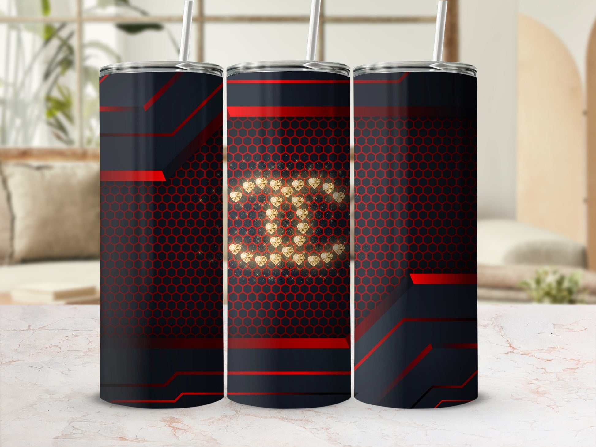 Stylish Red and Black Hexagonal Pattern Tumbler