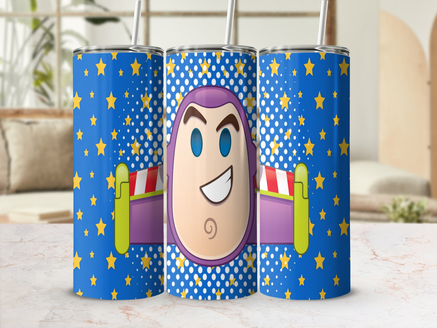 Buzz Lightyear tumbler with stars and blue background.