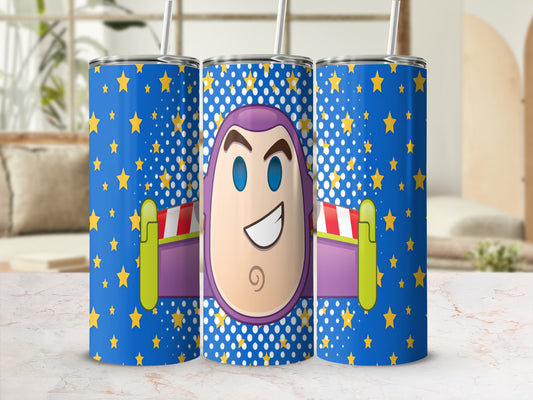Buzz Lightyear tumbler with stars and blue background.