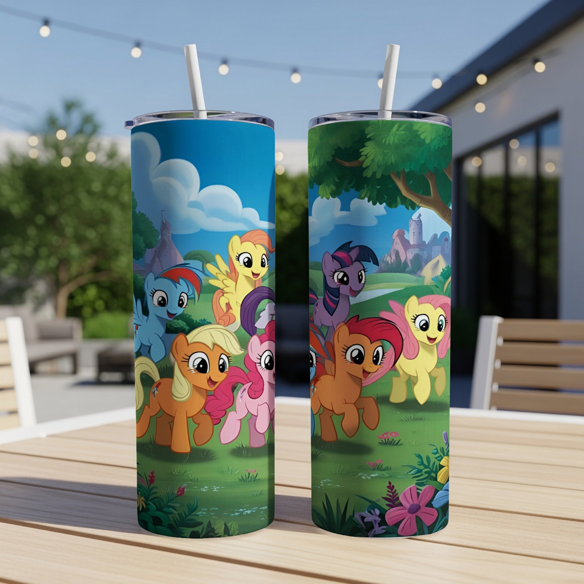 My Little Pony characters on a colorful tumbler design.