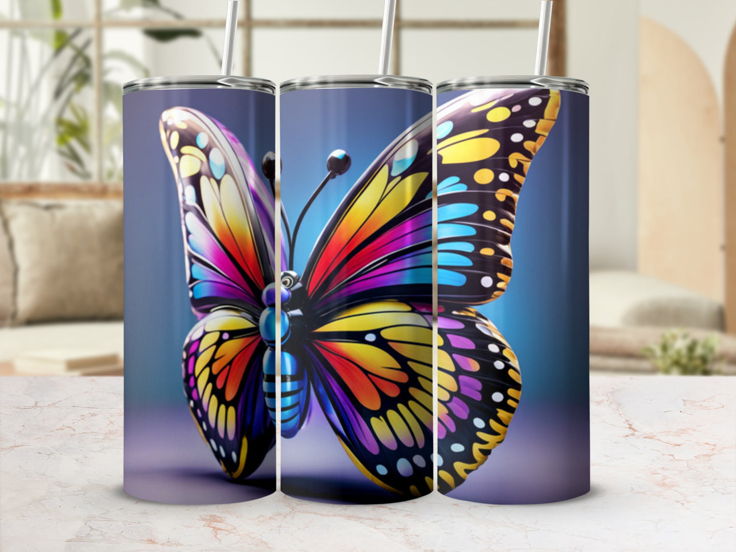 Colorful butterfly design on three adjacent tumblers.