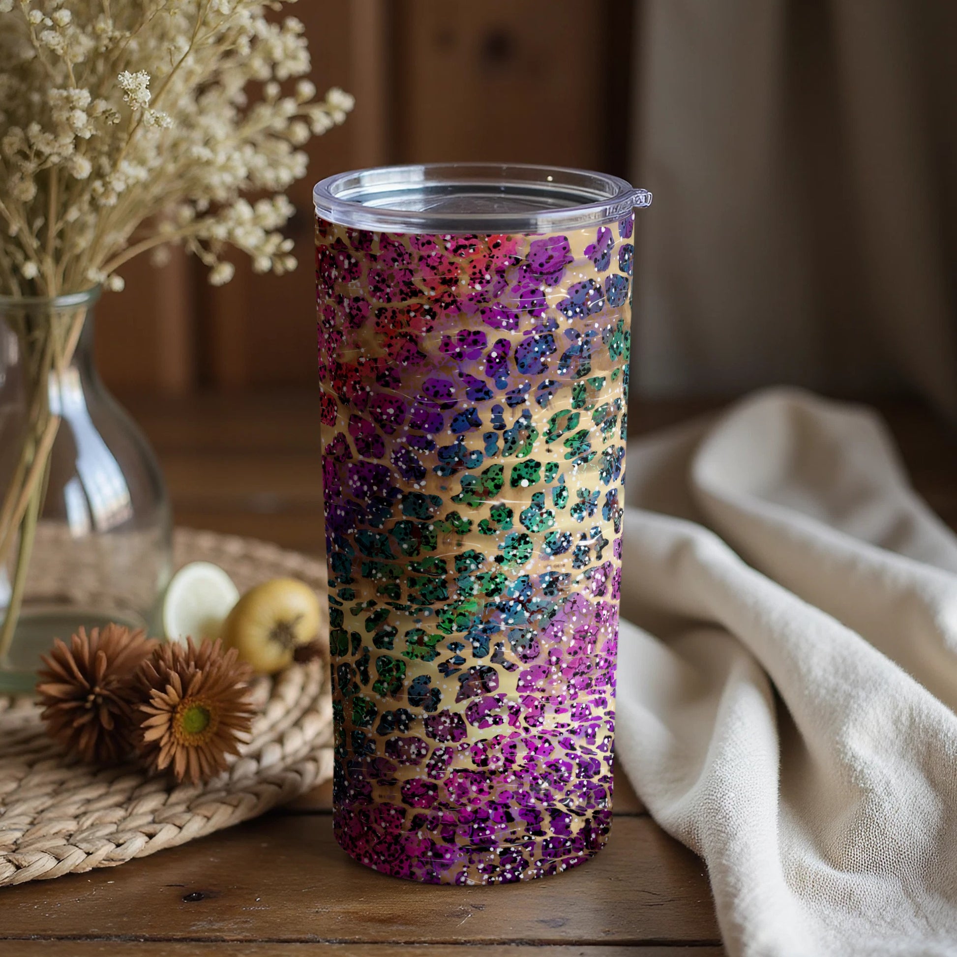Colorful Leopard Print Glitter Tumbler 20 oz Cup