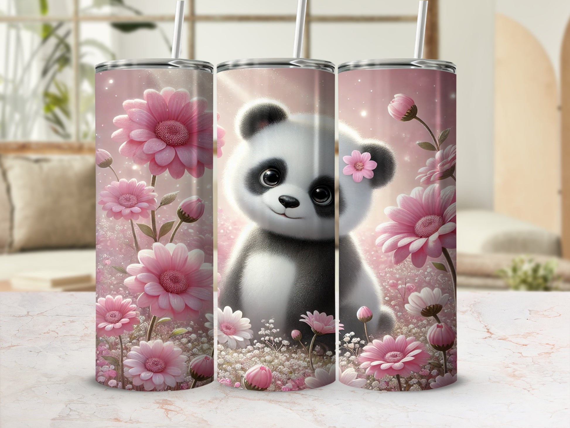 Adorable Panda with Pink Flowers Insulated Cup