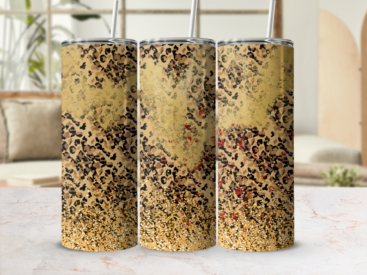 Gold and Leopard Print Glitter Tumbler Cup