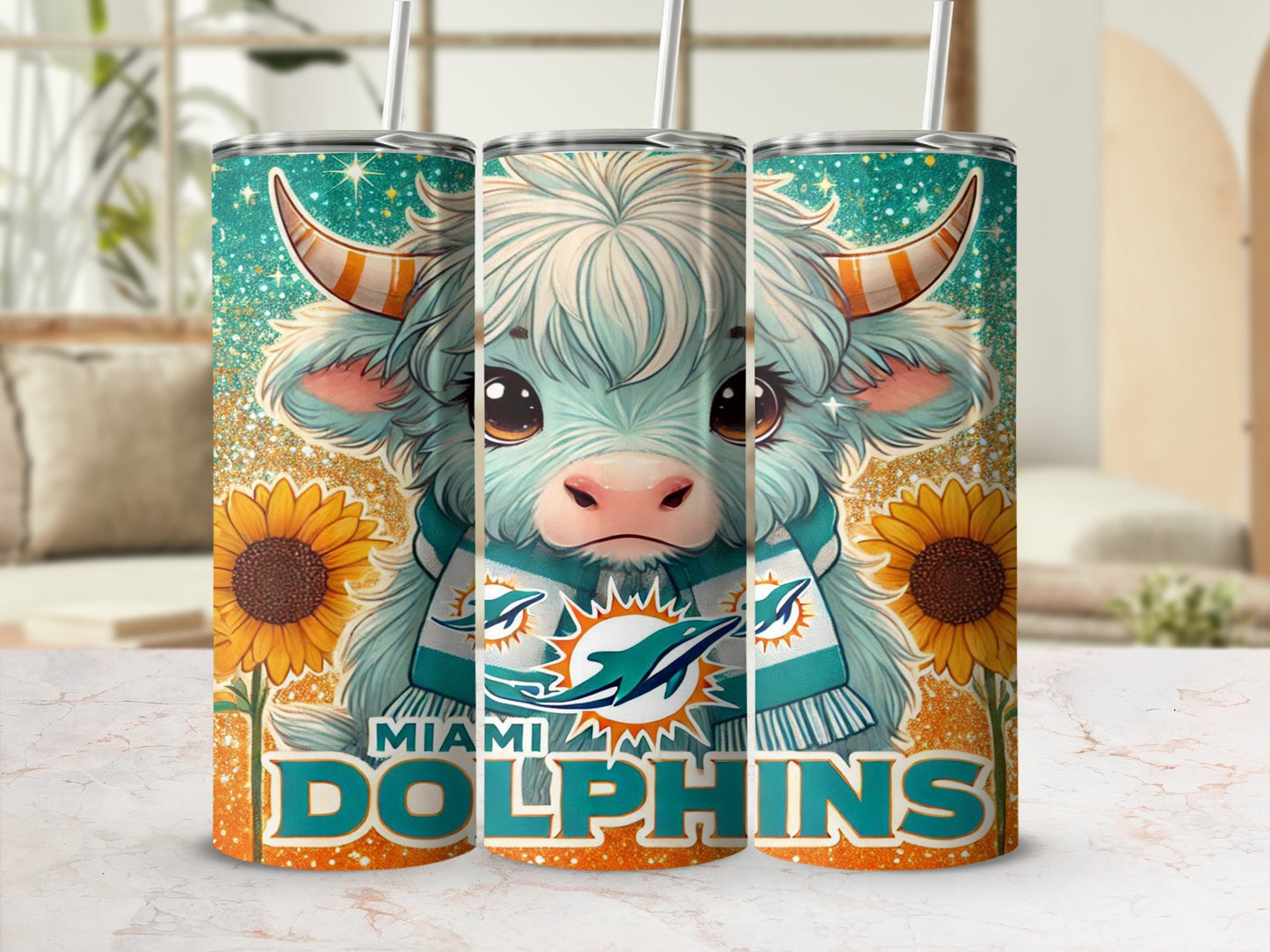 Miami Dolphins buffalo tumbler with sunflowers and glitter.