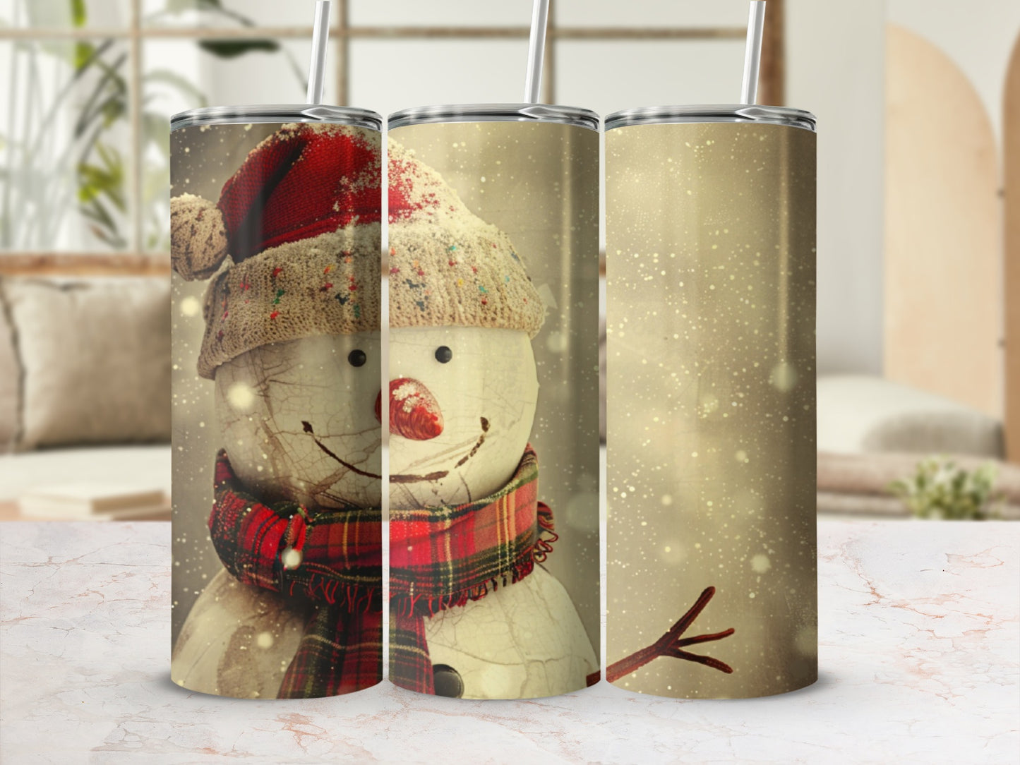 Snowman in Santa hat and plaid scarf with falling snow.
