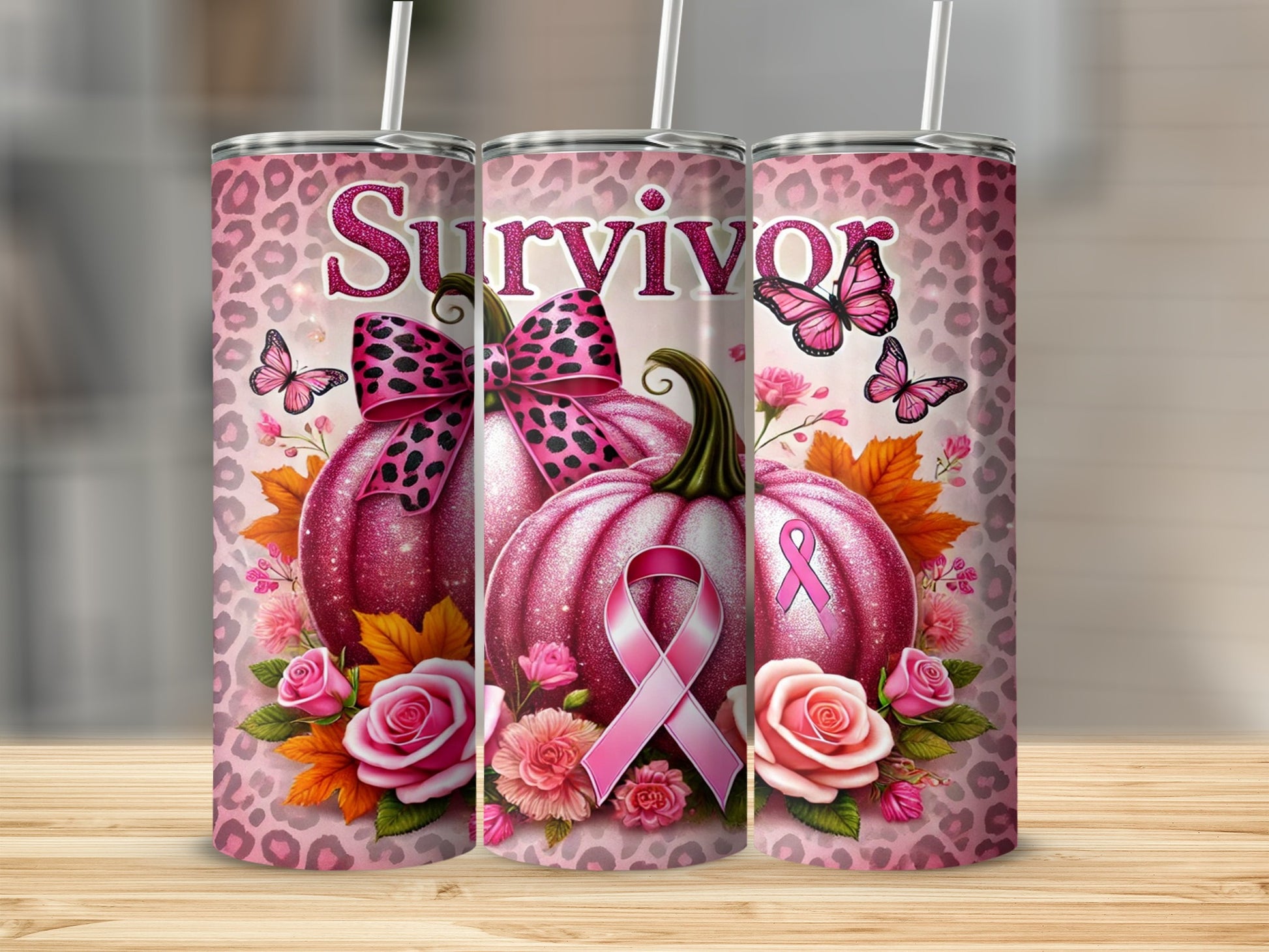 Pink pumpkin and butterfly survivor tumbler with leopard print and roses.