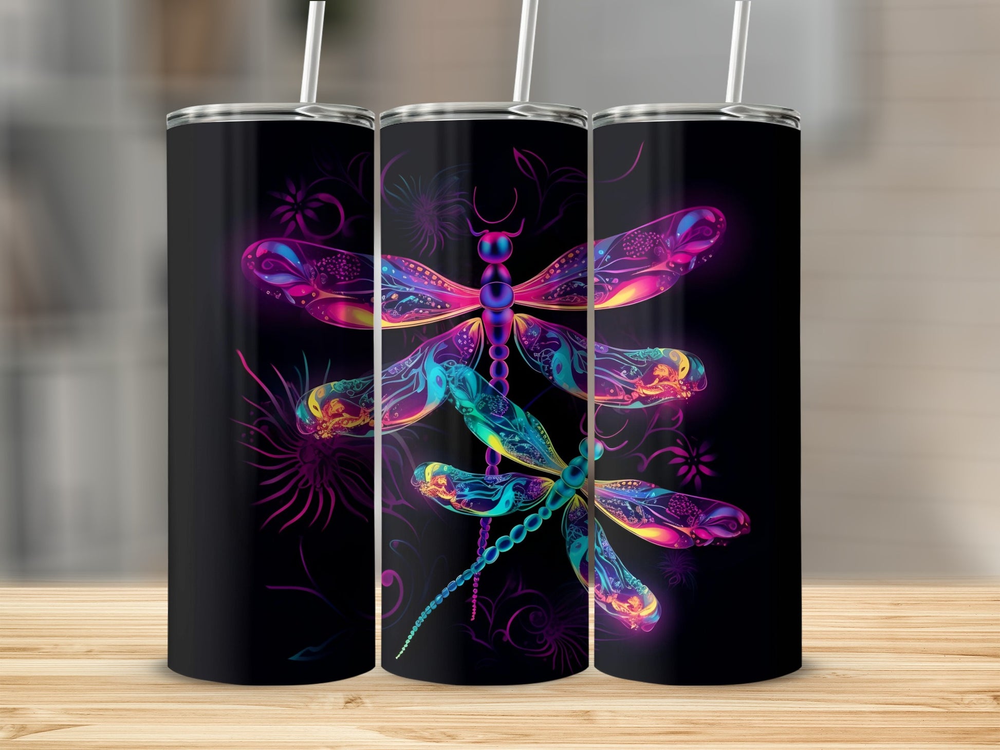 Colorful Neon Dragonfly Insulated Tumbler Cup
