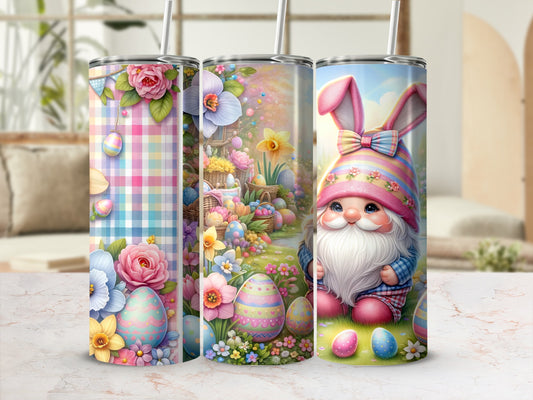 Easter-themed tumblers with floral, gnome, and plaid designs.