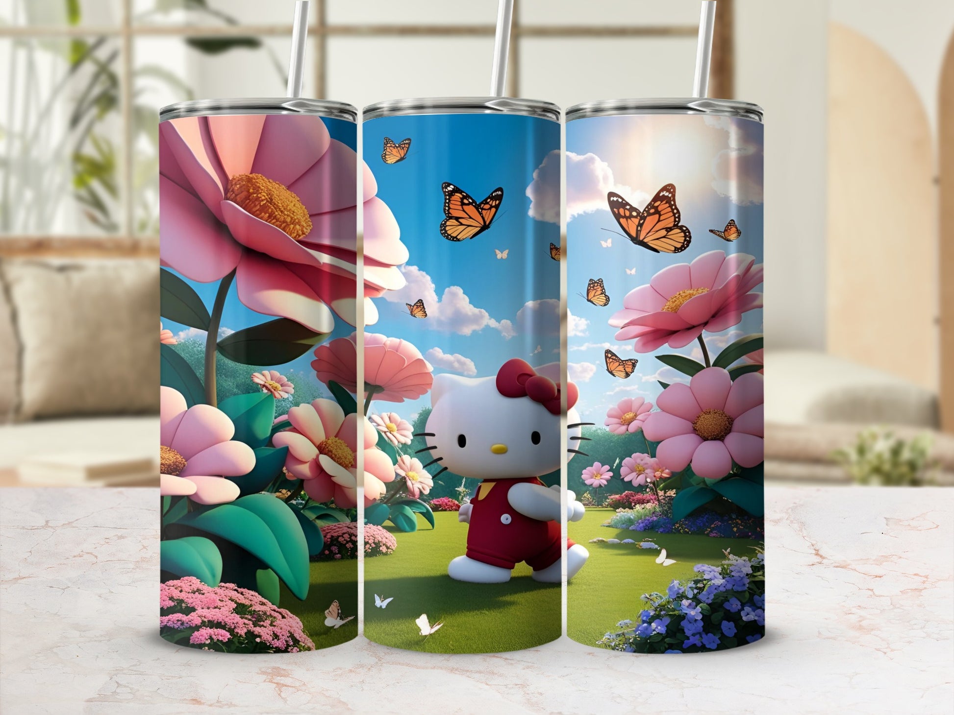 Hello Kitty in a garden with butterflies and large flowers.