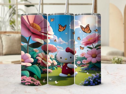 Hello Kitty in a garden with butterflies and large flowers.