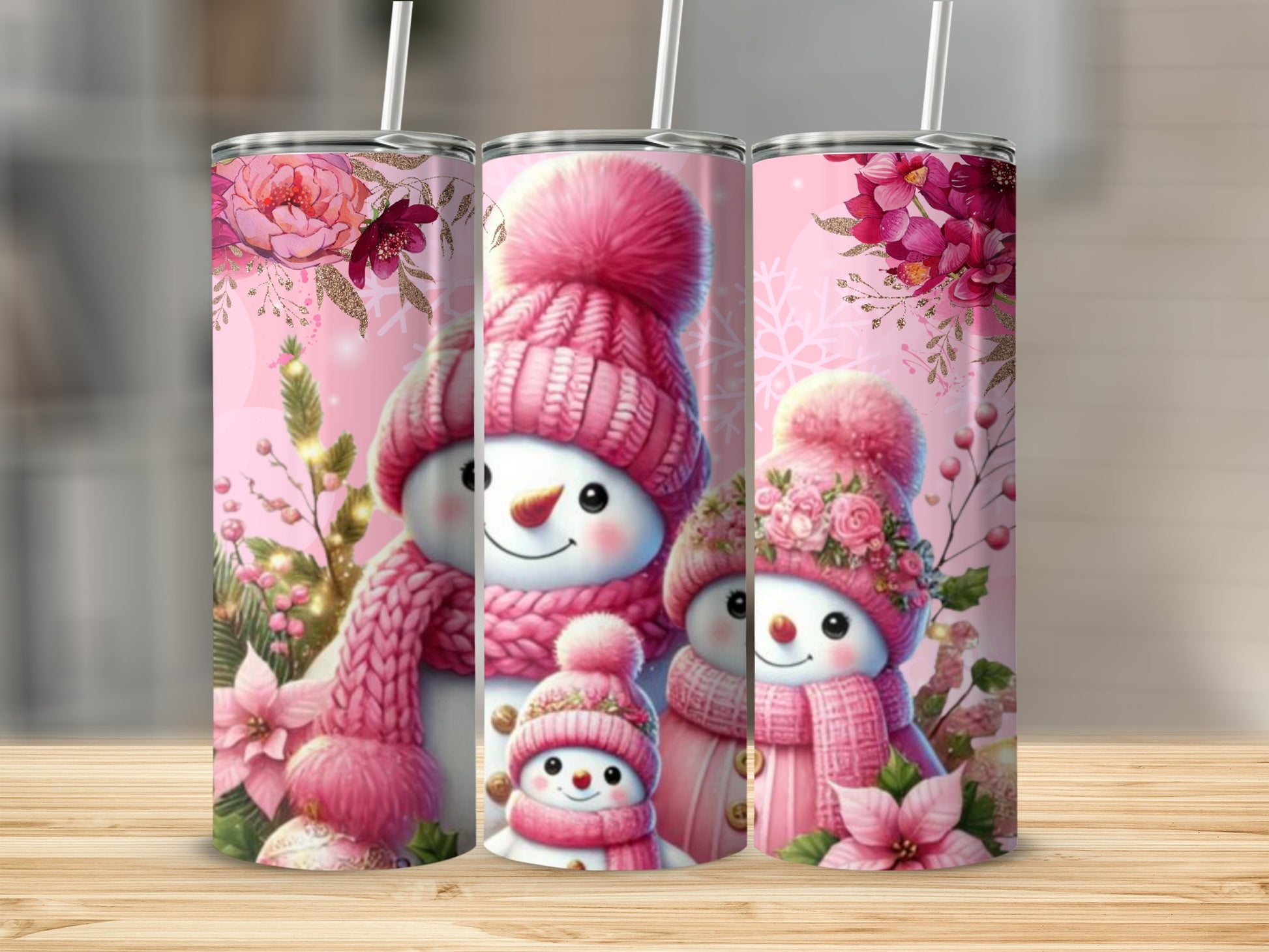 Snowman Family with Pink Winter Hats Tumbler