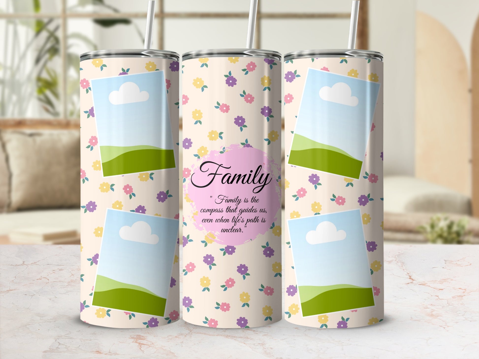 Floral patterned tumbler with framed landscape photos and "Family" quote.