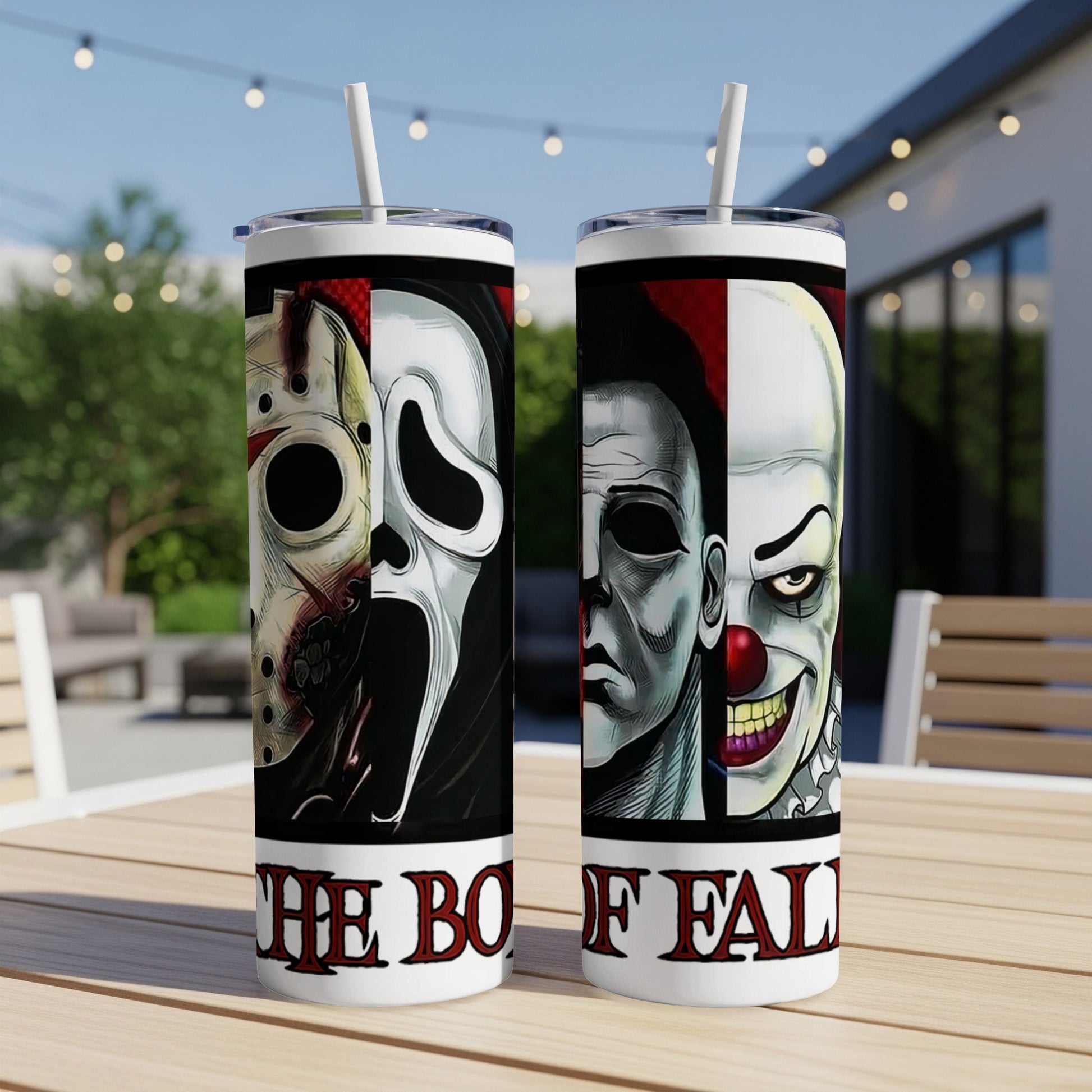 Tumblers featuring horror icons: Jason Voorhees, Ghostface, Michael Myers, and Pennywise.