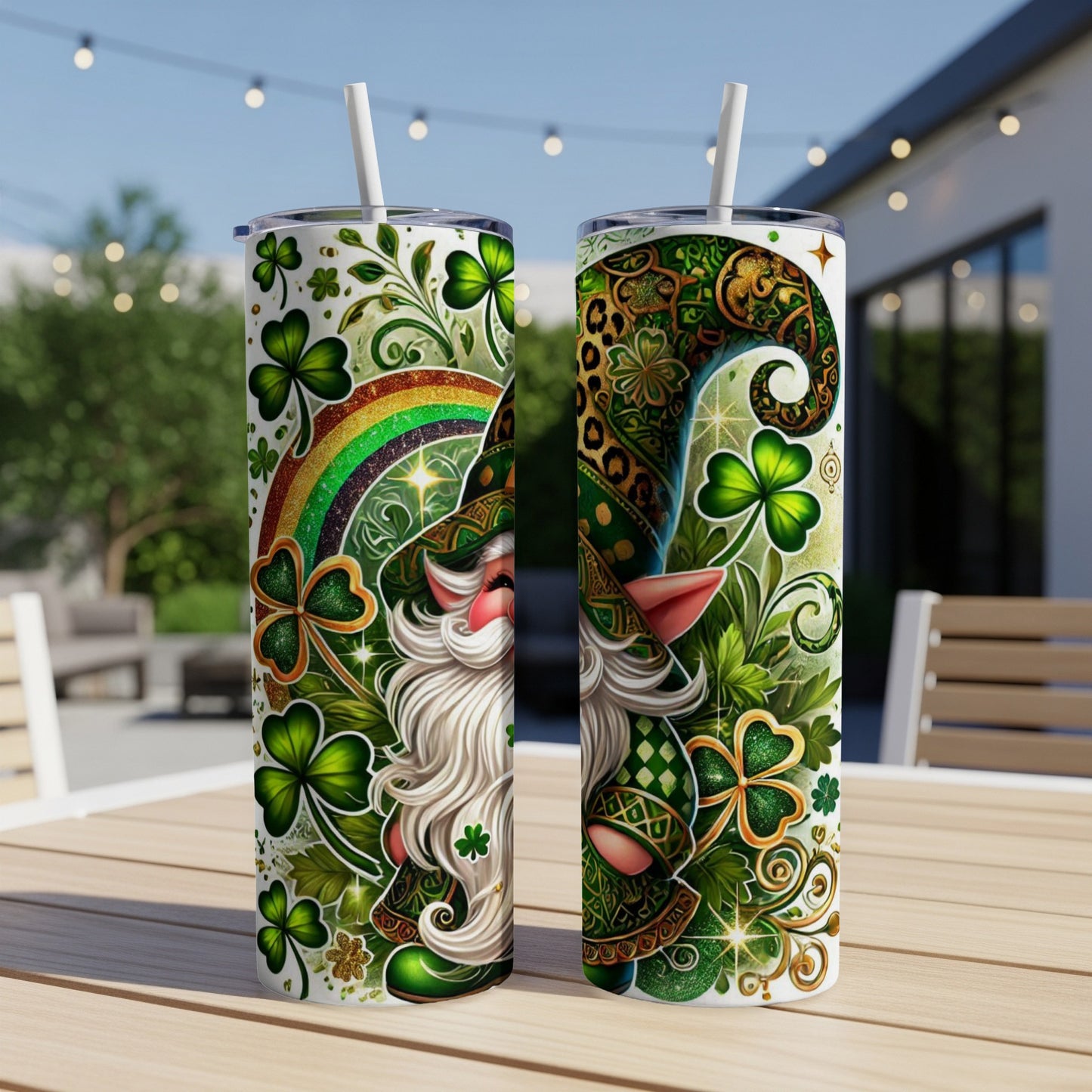 Two St. Patrick's Day themed tumblers with a gnome and shamrocks.