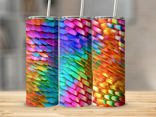 Three tumblers with iridescent dragon scale patterns in vibrant rainbow colors.