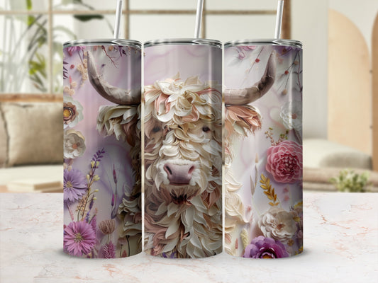 Tall tumbler with Highland cow and floral design.