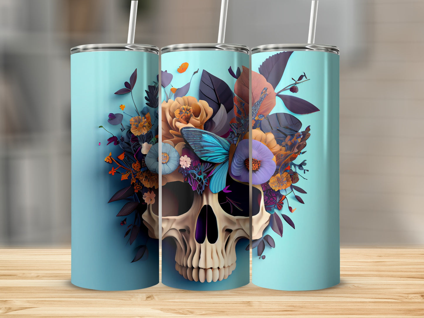 Skull with Floral and Butterfly Design Tumbler