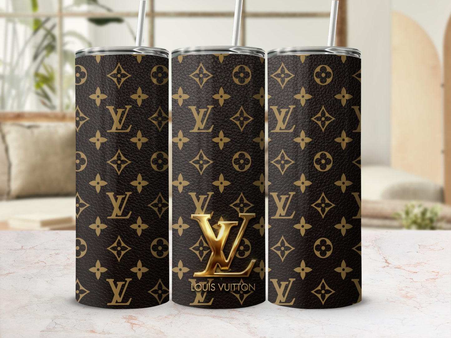 Three tumblers with Louis Vuitton monogram pattern and golden logo.