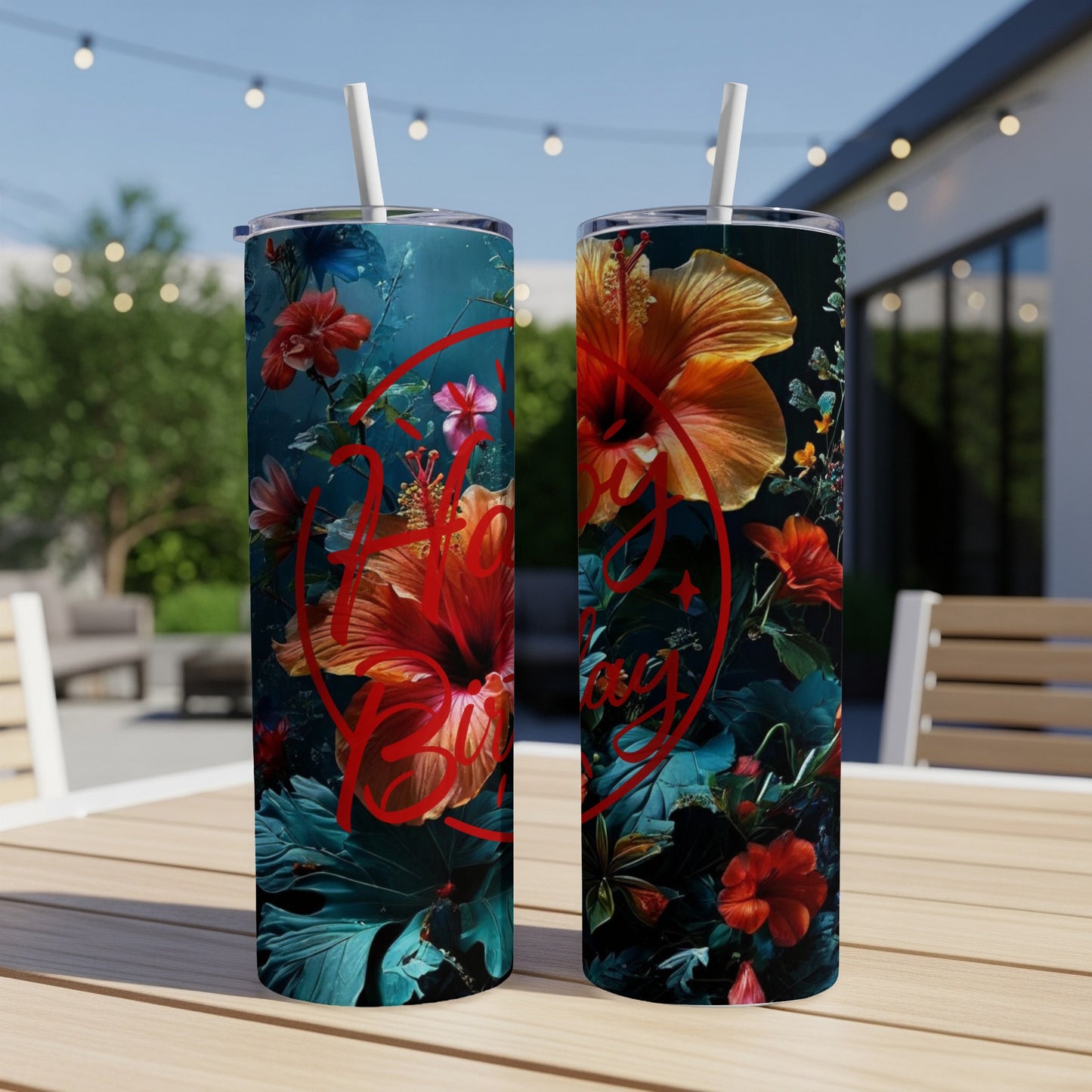 Two tumblers with red floral designs and "Happy Birthday" text.