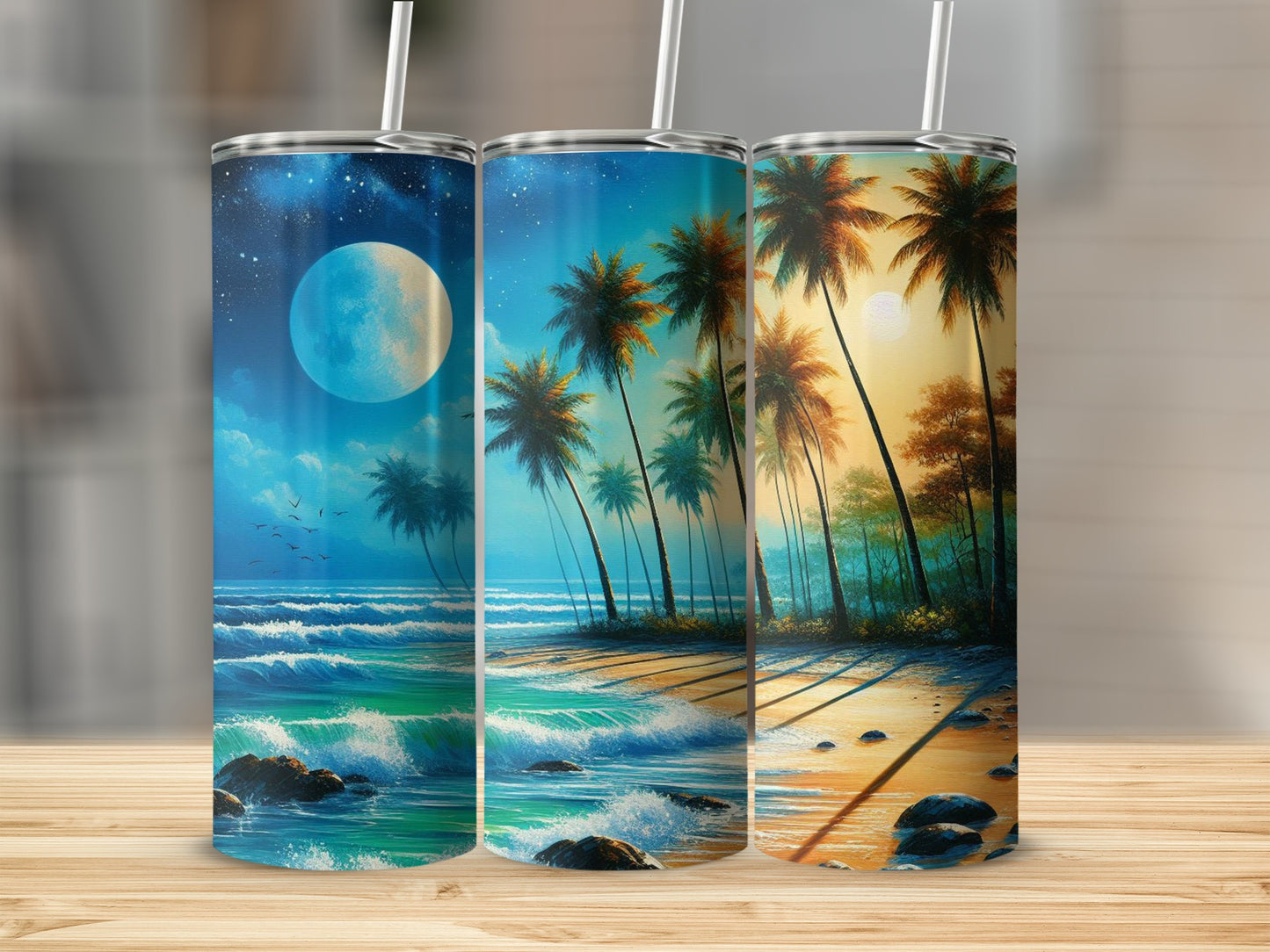 Three tumblers featuring vibrant beach sunset and moonlit beach scenes.