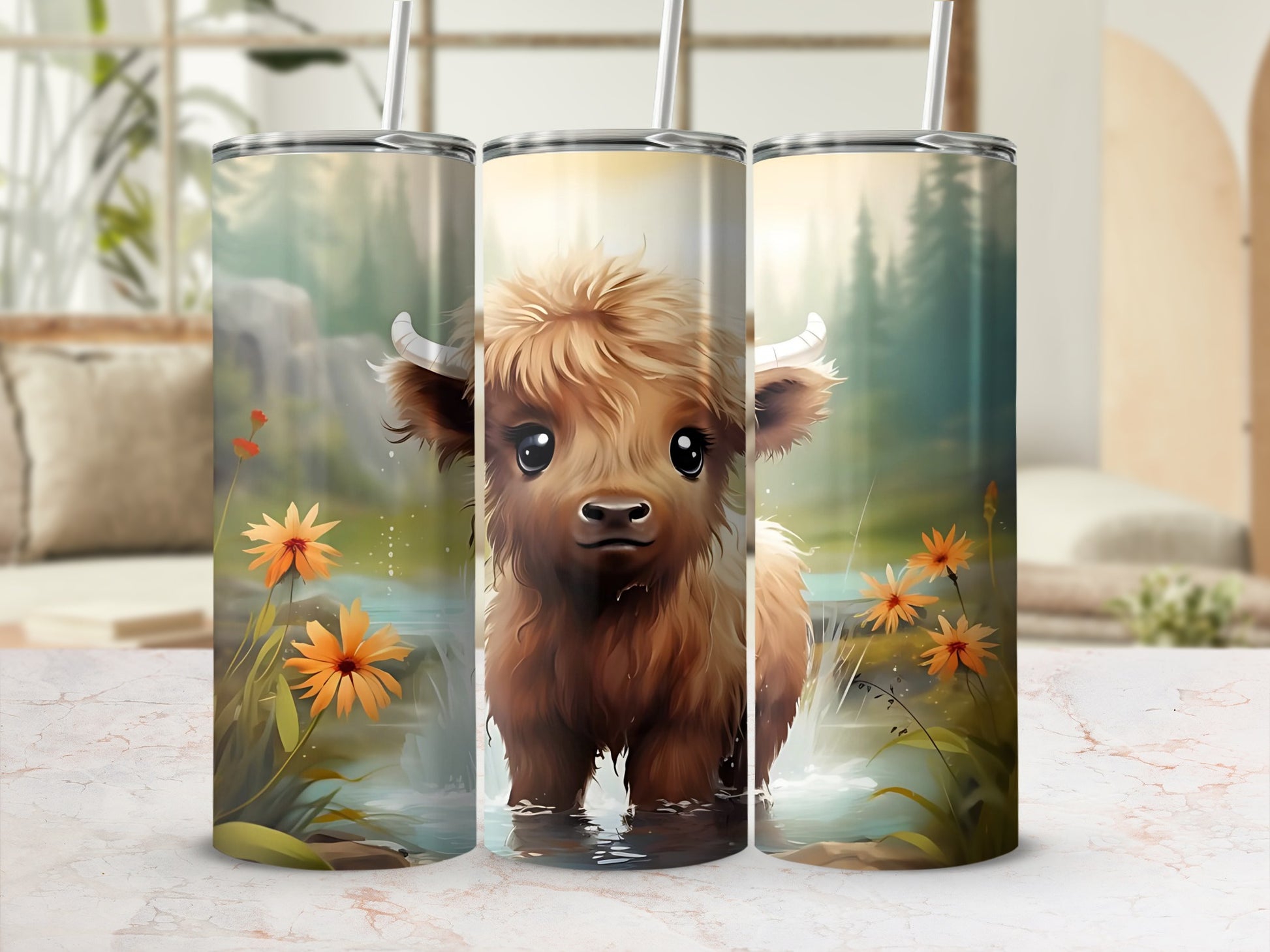 Adorable Highland Cow and Floral Design Tumbler