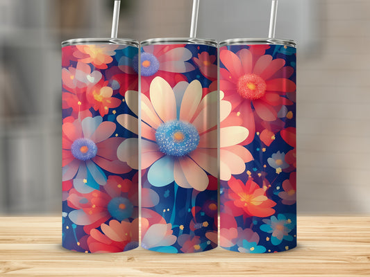 Three tumblers with a colorful floral pattern on a wooden surface.