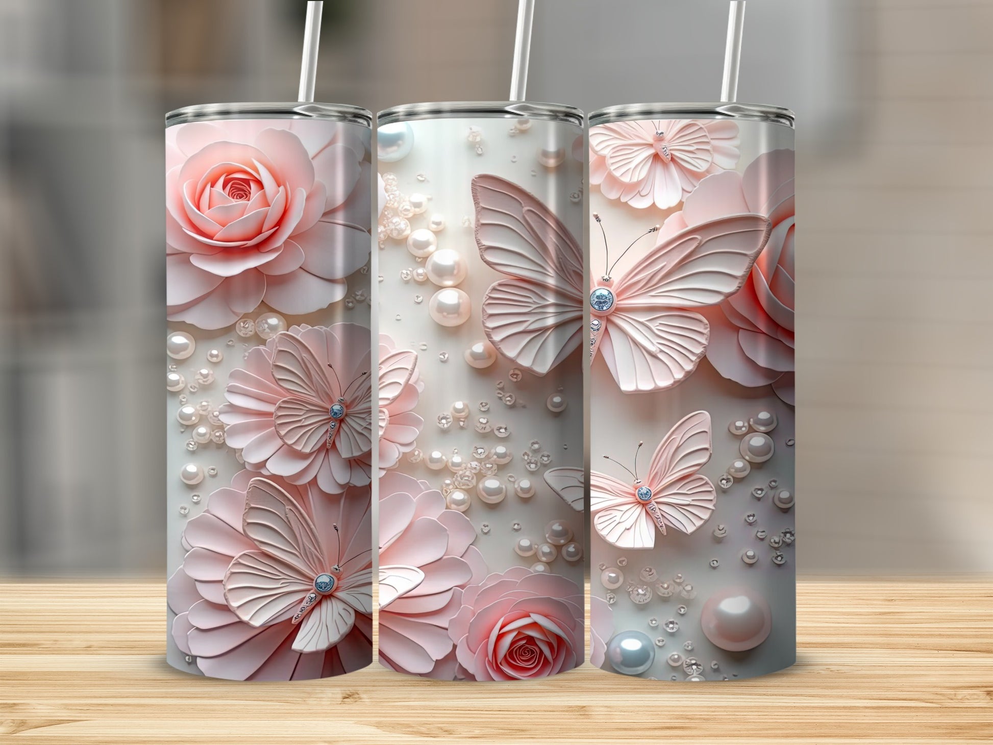 Elegant Floral and Butterfly Design Tumbler Cups