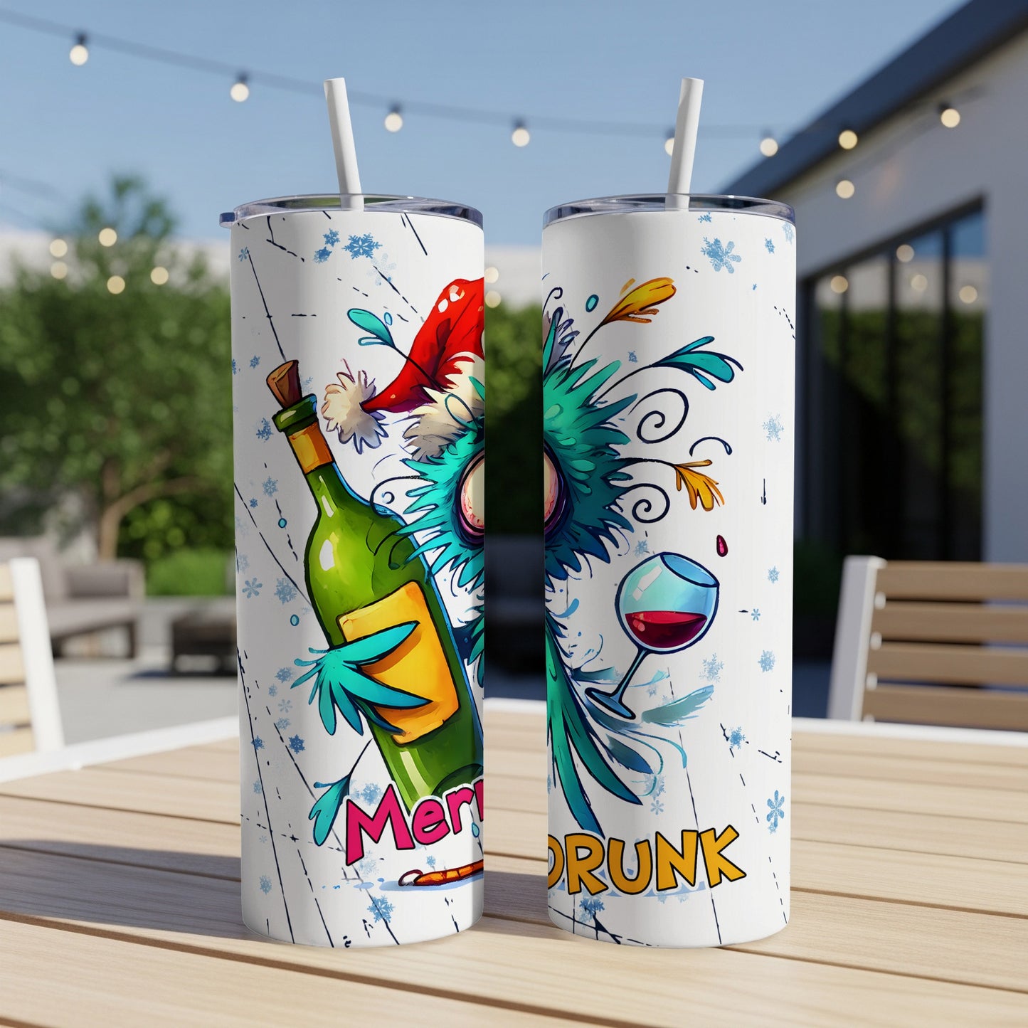 Festive monster with wine bottle and glass on holiday tumbler.